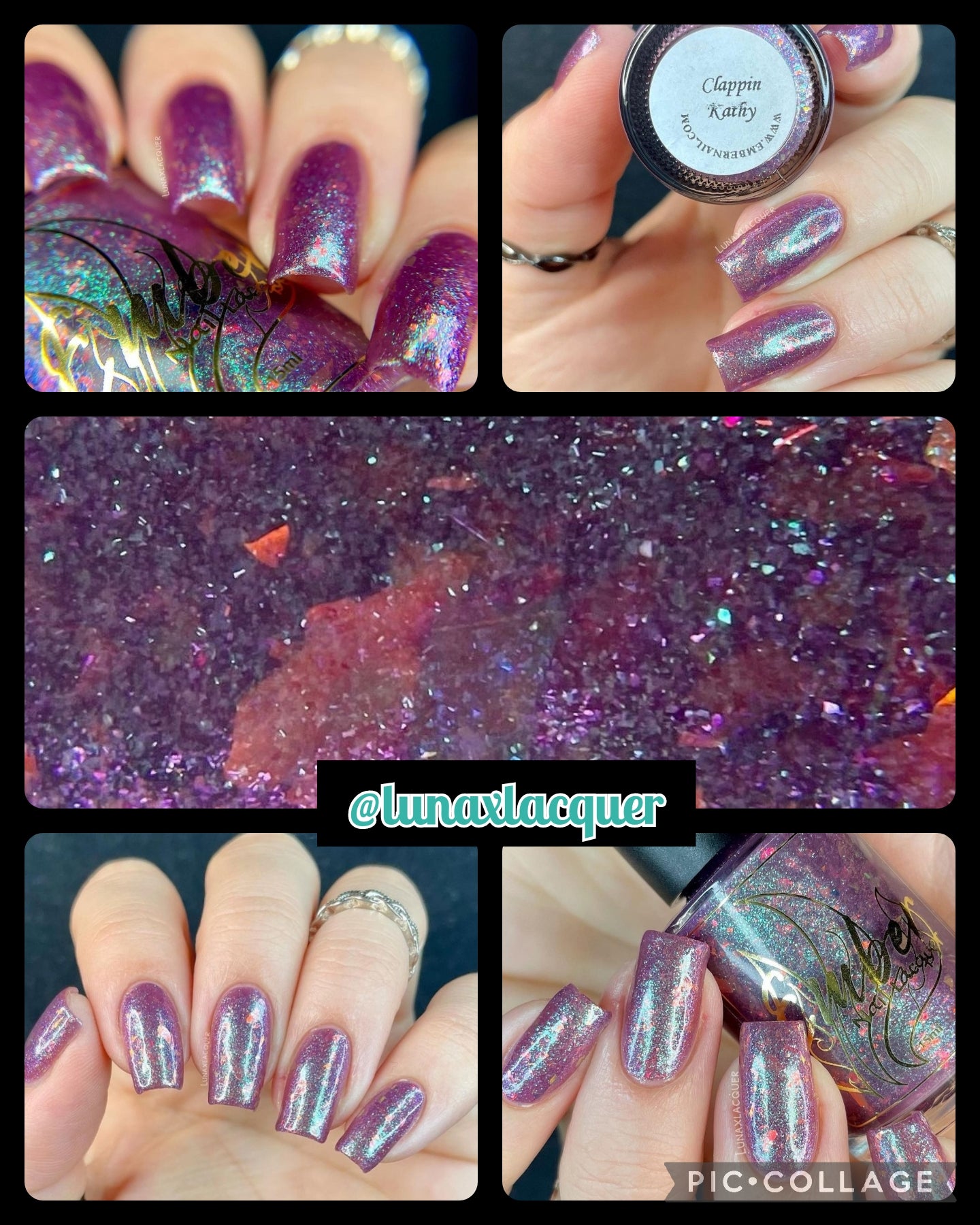 collage Clappin' Kathy center image deep dive showing purple base loaded with holographic glitter - top left deep shade almost burgundy - top right applied with bottle label - bottom right lighter shade of purple with product bottle - bottom left beautiful shade of purple nails with green shimmer