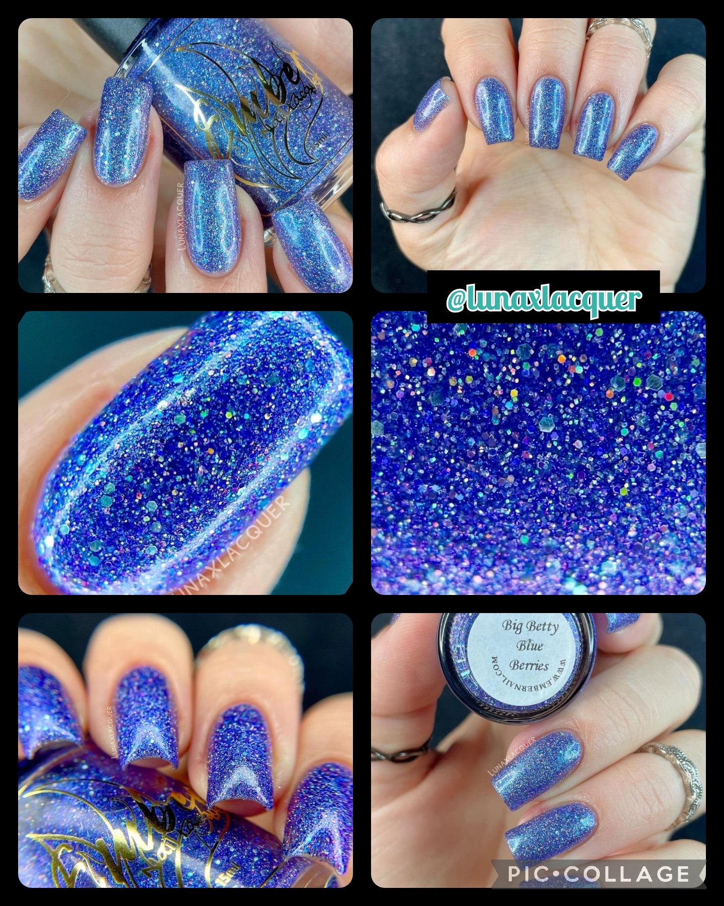 Big Betty Blue Berries collage - top left applied and in the bottle - top right a true blue applied - middle right close view of holographic glitter inside Big Betty Blue Berries - center left Big Betty Blue Berries single nail - bottom left deep blue hue Big Betty - bottom right Big Betty bottle label with purplish hue nails  