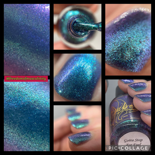 Gotta Stop For Fuel collage - top left purple shimmer - top center loaded brush - top right applied - center applied blue shimmer - bottom left blue shimmer - bottom center blue toes - bottom right bottle