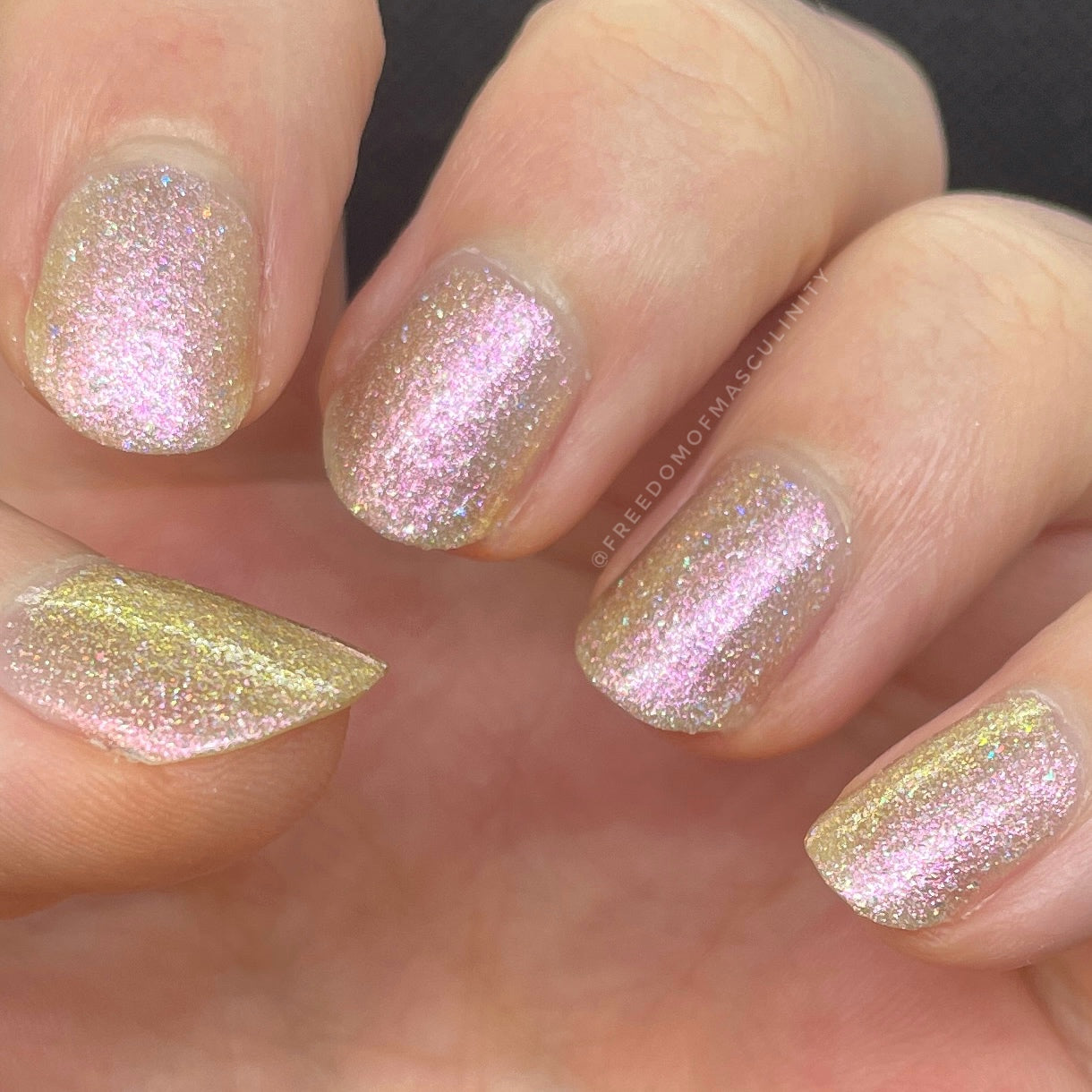 nail enamel by itself on short nails gold glitter pink shimmer